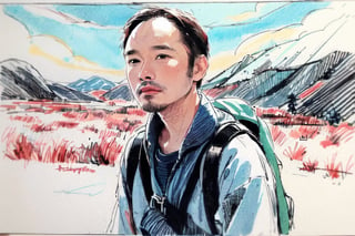 solo, looking at viewer, black hair, 1boy, closed mouth, upper body, male focus, summit, landscape, mountain range, clear sky,  backpack, windbreaker, traditional media, facing viewer, realistic, rnhg ,sketch art,watercolor,rha30,fujimotostyle, (Thinning hair baldness)