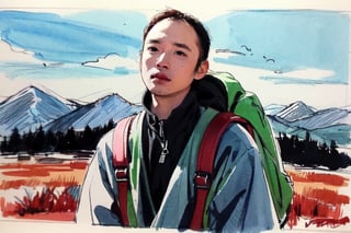 solo, looking at viewer, black hair, 1boy, closed mouth, upper body, male focus, summit, landscape, mountain range, clear sky,  backpack, windbreaker, traditional media, facing viewer, realistic, rnhg ,sketch art,watercolor,rha30,fujimotostyle, (Thinning hair baldness)