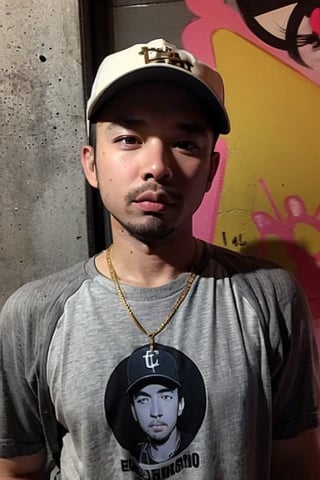 1boy, solo, brown eyes, portrait, rnhg, Hip Hop, Graphic T-shirt, Gold Chains, Baseball Cap, Urban Graffiti Background, Confident Pose, Street Art