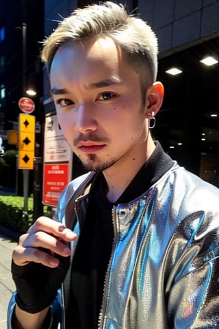 1boy, solo, brown eyes, lips, portrait,  wide forehead, rnhg , platinum blonde hair, sleek undercut, metallic bomber jacket, fingerless gloves, bold earrings, high-tech cityscape