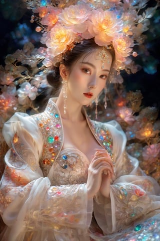 (Masterpiece, Top Quality, Best Quality, Official Art, Beauty and Aesthetic: 1.2), (1girl), Extremely Detailed, (Abstract, Fractal Art: 1.3), Supreme Detailed, Detailed Eyes, Colorful Light Particles, Hanfu, Colorful jewelry, sexy, (nsfw),