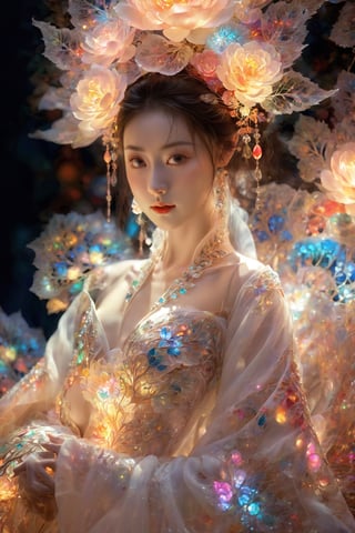 (Masterpiece, Top Quality, Best Quality, Official Art, Beauty and Aesthetic: 1.2), (1girl), Extremely Detailed, (Abstract, Fractal Art: 1.3), Supreme Detailed, Detailed Eyes, Colorful Light Particles, Hanfu, Colorful jewelry, sexy, (nsfw),