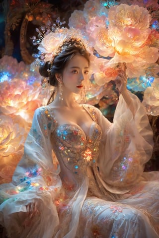 (Masterpiece, Top Quality, Best Quality, Official Art, Beauty and Aesthetic: 1.2), (1girl), Extremely Detailed, (Abstract, Fractal Art: 1.3), Supreme Detailed, Detailed Eyes, Colorful Light Particles, Hanfu, Colorful jewelry, sexy, (nsfw),