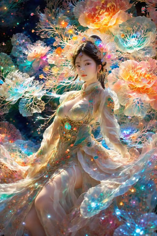 (Masterpiece, Top Quality, Best Quality, Official Art, Beauty and Aesthetic: 1.2), (1girl), Extremely Detailed, (Abstract, Fractal Art: 1.3), Supreme Detailed, Detailed Eyes, Colorful Light Particles, Hanfu, Colorful jewelry, sexy, (nsfw),