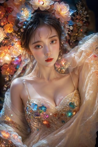 (Masterpiece, Top Quality, Best Quality, Official Art, Beauty and Aesthetic: 1.2), (1girl), Extremely Detailed, (Abstract, Fractal Art: 1.3), Supreme Detailed, Detailed Eyes, Colorful Light Particles, Hanfu, Colorful jewelry, sexy, (nsfw),