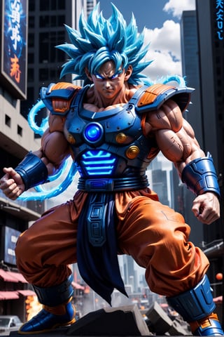 Super detailed live-action Dragon Ball Goku, strong exaggerated body, surrounded by blue energy, wearing armor, cyberpunk city, movie environment.