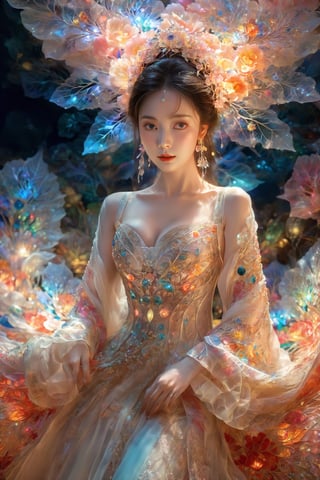 (Masterpiece, Top Quality, Best Quality, Official Art, Beauty and Aesthetic: 1.2), (1girl), Extremely Detailed, (Abstract, Fractal Art: 1.3), Supreme Detailed, Detailed Eyes, Colorful Light Particles, Hanfu, Colorful jewelry, sexy, (nsfw),