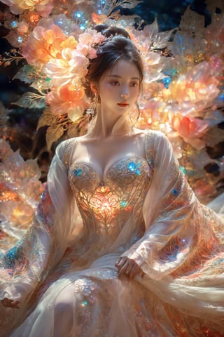 (Masterpiece, Top Quality, Best Quality, Official Art, Beauty and Aesthetic: 1.2), (1girl), Extremely Detailed, (Abstract, Fractal Art: 1.3), Supreme Detailed, Detailed Eyes, Colorful Light Particles, Hanfu, Colorful jewelry, sexy, (nsfw),