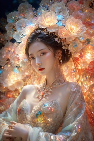 (Masterpiece, Top Quality, Best Quality, Official Art, Beauty and Aesthetic: 1.2), (1girl), Extremely Detailed, (Abstract, Fractal Art: 1.3), Supreme Detailed, Detailed Eyes, Colorful Light Particles, Hanfu, Colorful jewelry, sexy, (nsfw),