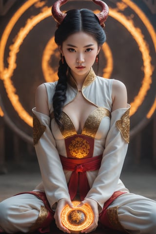 close-up shot with (aerial view):1.8, kneeling pose, look at camera, hyperrealistic, most remarkable elegant demon princess kneeling on a buring magic circle, hanfu:1.25, ethereal glamorous beautiful face, (bright eyes):1.3, (profound facial features):1.32, Chinese girl