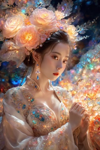 (Masterpiece, Top Quality, Best Quality, Official Art, Beauty and Aesthetic: 1.2), (1girl), Extremely Detailed, (Abstract, Fractal Art: 1.3), Supreme Detailed, Detailed Eyes, Colorful Light Particles, Hanfu, Colorful jewelry, sexy, (nsfw),