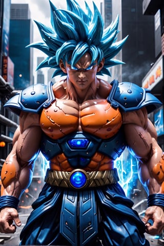 Super detailed live-action Dragon Ball Goku, strong exaggerated body, surrounded by blue energy, wearing armor, cyberpunk city, movie environment.