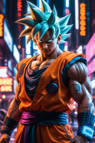 Dragon Ball Goku, strong, wearing armor, cyberpunk city, under neon lights.