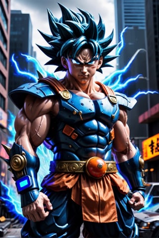 Super detailed live-action Dragon Ball Goku, strong exaggerated body, surrounded by blue energy, wearing armor, cyberpunk city, movie environment.