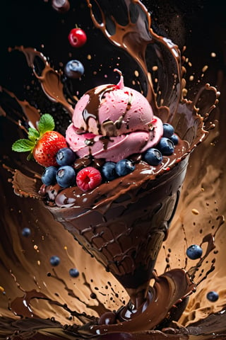 a macroscopic photograph of strawberry ice cream with cherry cream, ice cubes, maraschino cherries, blueberries, lychees , hundreds and thousands, dark chocolate sauce, nuts, mint leaves, splashing dark chocolate sauce, in a gradient honey  coloured background, fluid motion, dynamic movement, cinematic lighting, palette knife, digital artwork by Beksinski,action shot,sweetscape, 3D, oversized fruit, caramel theme, art by Klimt, airbrush art, food photography, food explosion, 