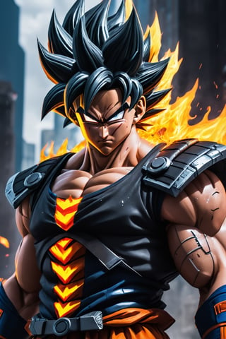 Super detailed Dragon Ball Goku, strong exaggerated body, body emitting flames, wearing armor, cyberpunk city, movie environment.