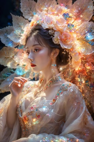 (Masterpiece, Top Quality, Best Quality, Official Art, Beauty and Aesthetic: 1.2), (1girl), Extremely Detailed, (Abstract, Fractal Art: 1.3), Supreme Detailed, Detailed Eyes, Colorful Light Particles, Hanfu, Colorful jewelry, sexy, (nsfw),