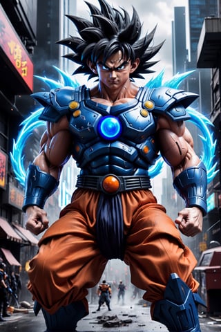 Super detailed live-action Dragon Ball Goku, strong exaggerated body, surrounded by blue energy, wearing armor, cyberpunk city, movie environment.