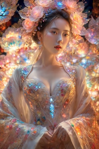 (Masterpiece, Top Quality, Best Quality, Official Art, Beauty and Aesthetic: 1.2), (1girl), Extremely Detailed, (Abstract, Fractal Art: 1.3), Supreme Detailed, Detailed Eyes, Colorful Light Particles, Hanfu, Colorful jewelry, sexy, (nsfw),