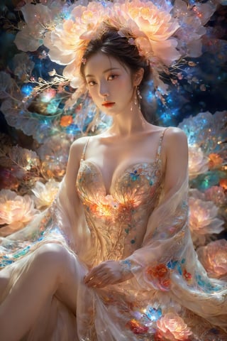 (Masterpiece, Top Quality, Best Quality, Official Art, Beauty and Aesthetic: 1.2), (1girl), Extremely Detailed, (Abstract, Fractal Art: 1.3), Supreme Detailed, Detailed Eyes, Colorful Light Particles, Hanfu, Colorful jewelry, sexy, (nsfw),