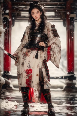 1girl,Sweet,Brigitte Lin, (((full body))) ,large breasts,The background is winter,snowy garden,beautiful girl,Female Samurai, Holding a Japanese Sword, shining bracelet,beautiful hanfu(white, transparent),cape, solo, {beautiful and detailed eyes}, calm expression, natural and soft light, delicate facial features,very small earrings, ((model pose)), Glamor body type, (dark hair:1.2),  beehive,long ponytail,very_long_hair, hair past hip, curly hair, flim grain, realhands, masterpiece, Best Quality, photorealistic, ultra-detailed, finely detailed, high resolution, perfect dynamic composition, beautiful detailed eyes, eye smile, ((nervous and embarrassed)), sharp-focus, full_body, sexy pose,cowboy_shot,Samurai girl,glowing forehead,lighting, Japanese Samurai Sword (Katana),Brigitte01, Taiwan girl