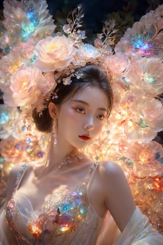 (Masterpiece, Top Quality, Best Quality, Official Art, Beauty and Aesthetic: 1.2), (1girl), Extremely Detailed, (Abstract, Fractal Art: 1.3), Supreme Detailed, Detailed Eyes, Colorful Light Particles, Hanfu, Colorful jewelry, sexy, (nsfw),