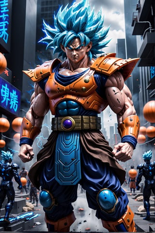 Super detailed live-action Dragon Ball Goku, strong exaggerated body, surrounded by blue energy, wearing armor, cyberpunk city, movie environment.