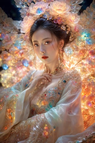 (Masterpiece, Top Quality, Best Quality, Official Art, Beauty and Aesthetic: 1.2), (1girl), Extremely Detailed, (Abstract, Fractal Art: 1.3), Supreme Detailed, Detailed Eyes, Colorful Light Particles, Hanfu, Colorful jewelry, sexy, (nsfw),