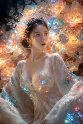 (Masterpiece, Top Quality, Best Quality, Official Art, Beauty and Aesthetic: 1.2), (1girl), Extremely Detailed, (Abstract, Fractal Art: 1.3), Supreme Detailed, Detailed Eyes, Colorful Light Particles, Hanfu, Colorful jewelry, sexy, (nsfw),