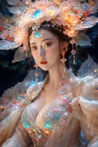 (Masterpiece, Top Quality, Best Quality, Official Art, Beauty and Aesthetic: 1.2), (1girl), Extremely Detailed, (Abstract, Fractal Art: 1.3), Supreme Detailed, Detailed Eyes, Colorful Light Particles, Hanfu, Colorful jewelry, sexy, (nsfw),