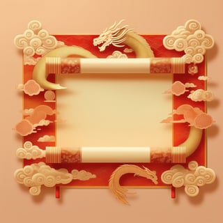 Empty Chinese New Year greeting card template, red background with pastel theme, light yellow paper with light pink pattern in the middle, 1 oriental dragon, Chinese cirrus clouds, small red lanterns, no words