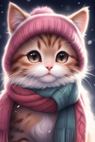 colored pencils drawing, animal portrait, realistic, high quality, clear and delicate hair, on a snowy night, there is a cat, wearing a woolen hat with exposed ears and a woolen scarf, dark background,Apoloniasxmasbox,Xxmix_Catecat