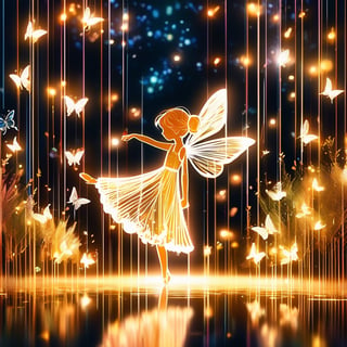 In a real garden where it rains late at night, there is a little girl dancing in an illustration style with a translucent white silhouette and a touch of white lines. A few butterflies are drawn with slightly shiny thin golden lines. High quality, high drawing. quality, high quality, bokeh, professional photography
