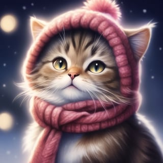 colored pencils drawing, animal portrait, realistic, high quality, clear and delicate hair, on a snowy night, there is a cat, wearing a woolen hat with exposed ears and a woolen scarf, dark background,Apoloniasxmasbox,Xxmix_Catecat