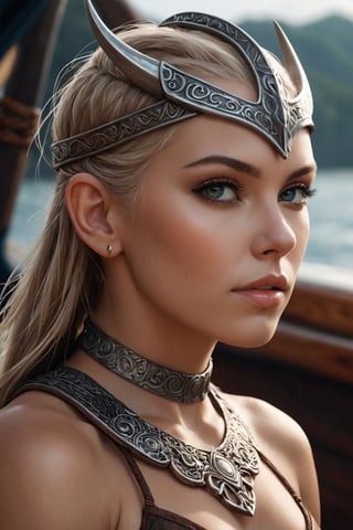   A beautiful viking female warrior posing on a boat, bikini, beautiful face, close-up, fantasy woman, fantasy art, in the style of greg rutkowski, illustration, epic, fantasy, intricate, hyper detailed, artstation, concept art, smooth, sharp focus, ray tracing, profile shot 