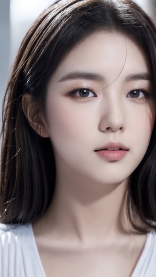 1Best quality, raw photo, photorealism, lifelike rendering, (upper body portrait:1.2), photo of beautiful korean woman, mid-twenty, kpop idol, stunning, medium dark brown hair, double eyelids, dark brown eyes, natural saggy large breasts, pale skin, daily outfit, chiffon dress, sharp focus, faint smile, gazing at viewer, from below, (full body focus), detailed eyes and facial, detailed real skin texture, detailed fabric rendering, natural soft daylight, ray tracing,korean girl, JeeSoo ,Ava