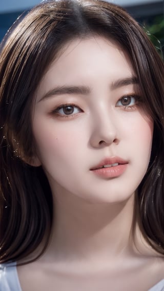 1Best quality, raw photo, photorealism, lifelike rendering, (upper body portrait:1.2), photo of beautiful korean woman, mid-twenty, k-pop idol, stunning, medium dark brown hair, double eyelids, dark brown eyes, natural saggy large breasts, glamour, pale skin, daily outfit, chiffon dress, sharp focus, faint smile, gazing at viewer, from below, (full body focus), detailed eyes and facial, detailed real skin texture, detailed fabric rendering, natural soft daylight, ray tracing,korean girl, JeeSoo ,Ava, masterpiece, best quality, photorealistic, high resolution, 8K raw photo) opsional