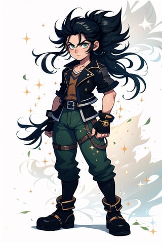 Full body, male teenager looking forward, black hair, with ponytail, green eyes, wearing a green jacket with black and gold touches, underneath a white shirt, black fingerless gloves, blue jeans, brown boots with military touches.,sora \(kingdom hearts\)