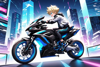 A young male pilot with spiky blonde hair, dressed in a black sleeveless shirt and black gloves, is riding a massive, futuristic motorcycle with neon lights and advanced weaponry. He is in the midst of a high-speed race, battling other pilots on similarly designed bikes using his enormous, oversized sword. The race takes place in a neon-lit, futuristic cityscape with towering skyscrapers and glowing streetlights. The scene is dynamic and intense, with bright blue headlights illuminating the path ahead. The atmosphere is charged with action, showcasing the pilot's determination and skill as he swings his sword at an approaching rival.,