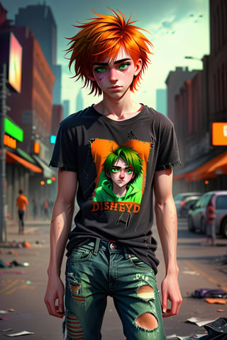 cute boy, (1boy), 16yo, ((full body)), (disheveled hair), green eyes, short hair, torn t-shirt, torn jeans, emo, orange hair highlights, vibrant colors, masterpiece, sharp focus, best quality, deep depth of field, up lighting, (8k, extremely detailed), detailed city background, realistic, sexy, hairy, enby