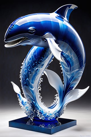 beautifull sperm whale wearing the blue on she head and tails, in the style of translucent cystal waves, blue and white abstraction, animated gifs, biomorphic sculpture, airbrush art, decorative vessels, focus on joints/connections