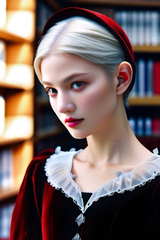 masterpiece, high definition, (photorealistic:1.2), raw photo, the most ethereal beautiful vampire princess in the diablo world, 1girl, youth face, white short hair, smiling on viewer, glowing red eyes, velvet dufflecoat attire, translucent appearance, hyperrealistic, a magical library in the world of the deceased, dramatic lighting