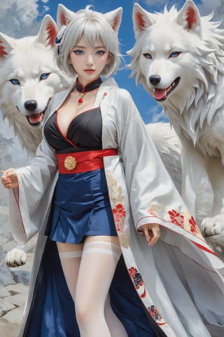 Kaga, short white hair, blue eyes, animal ear, red eyeliner, choker, black dress skirt, obi, a long white cloak designed with kimono aesthetic,  cowboy shot, viewed from below. A 17-years-old ethereal and breathtakingly glamorous japanese idol, captative beautiful face, perfect busty model body, beautiful long legs, emanating irresistible sexual attractiveness, alluring atmosphere, ((white stockings)), multi_tails, standing next to a giant white wolf, masterpiece, best quality, official art, impasto art style, art_booster