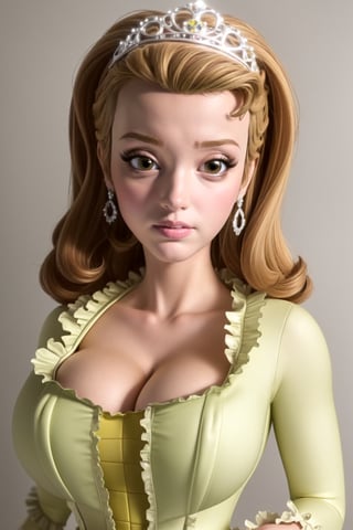 (masterpiece, ultra realistic:1.2), (high quality, detailed:1.2), (musuclar female:0.8), (huge breasts:1.2), (yellow dress, princess, cleavage), (upper body, portrait, blank background:1.1), princess amber