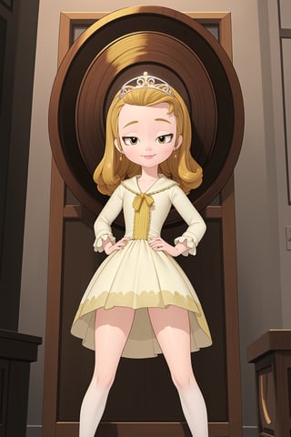 (masterpiece, high quality, realistic, detailed:1.3), princess amber, (short dress, skin tight:1.1), bare legs, thick thighs, wide hips, narrow waist, from below, legs_apart, looking down, looking at viewer, smirk, mesugaki, smug,loli,princess amber