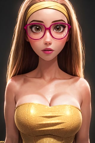 (masterpiece, best quality, ultra realistic, 8k:1.2), (large breasts:1.1), (muscular female:0.8), (yellow dress, headband, strapless, leather dress, absolute cleavage), (glow in the dark:1.1), blank background, xyzhoneylemon, brown hair, brown eyes, pink glasses