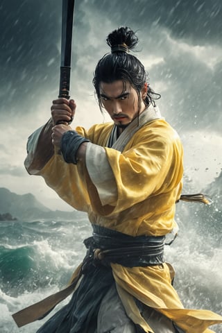 hyperrealistic, a masterpiece. A young samurai assassin in ancient China with black hair and wearing yellow Hanfu is fighting on the sea under heavy rain, right hand raised high to block an attack, water droplets and splashes poised in mid-air, the detailed background features dark clouds and strong winds to create a realistic movie setting.