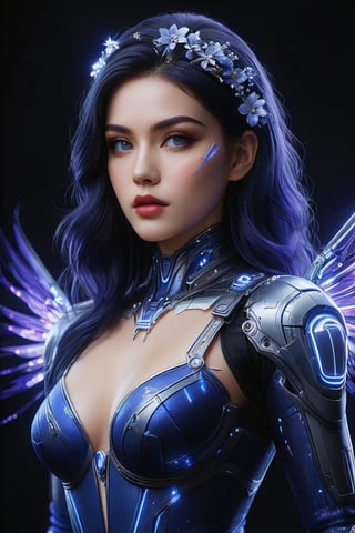 ((masterpiece)), ((best quality)), (((photo Realistic))), (portrait photo), (8k, RAW photo, best quality, masterpiece:1.2), (realistic, photo-realistic:1.3). A stunning 4K high-quality photo of a beautiful woman wearing a white mecha adorned with dazzling lights. Her face, with a captivating gaze, is perfectly enhanced with blue-toned makeup, including dark blue eyeliner, red lip gloss, and a delicate hairpin. Her dark blue hair is a blend of silver, violet, and blue hues, with a gradient effect. The background showcases a complex setting with dark blue flowers and intricate clothing, all against a backdrop of a godly landscape. The atmosphere is filled with a sense of wonder, as the woman's outfit billows in the wind. This photograph truly captures the essence of fashion and artistic beauty.,glowneon,mad-cyberspace