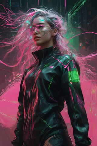 hyperrealistic illustration, best quality, masterpiece digital painting, minimalist movie poster, a cyberpunk female hacker known as "THE GLITCHER," their body perpetually glitching and distorting. The figure's skin is a fragmented mosaic of colors, emitting vivid neon pink and green hues. Surrounding them are floating lines of corrupted code and glitching holograms. Their eyes glow with an unsettling, flickering light. They wear a high-tech suit that is constantly shifting and reforming. In one hand, they hold a glitching data spike, while the other hand seems to dissolve into a swarm of digital particles. The background is a stark white void, emphasizing the chaotic and disturbing nature of this digital entity.