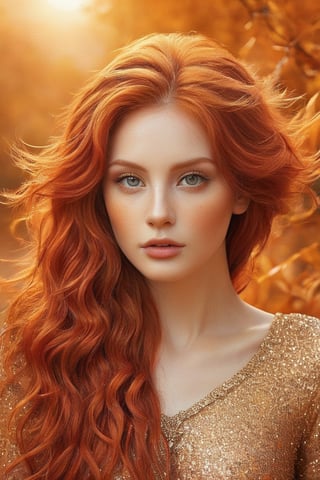 A stunning close-up picture that captures the essence of love and beauty. A captivating and vibrant conceptual art piece, featuring a young adorable woman with very long cascading red hair, seamlessly merging into a picturesque autumn landscape. She stands gracefully amidst a sea of golden leaves, her hair intertwined with branches and foliage. Behind her, a majestic castle stands proudly against an intense orange sky, as if it's on fire. The overall atmosphere of the illustration is cinematic and surreal, evoking a sense of wonder and enchantment, cinematic, vibrant, conceptual art,dal,photo,glitter